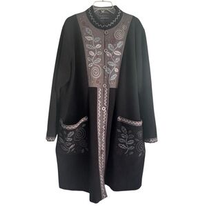Gudrun Sjödén Wool Blend Black Embroidered Coat Size XXL